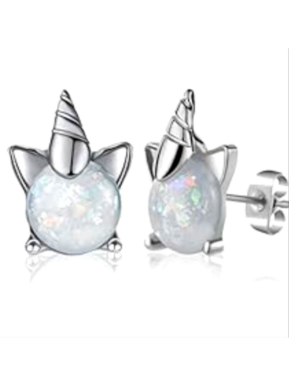 5.0mm Lab-Created Opal Solitaire Unicorn HYPOALERGENIC Stud Earrings